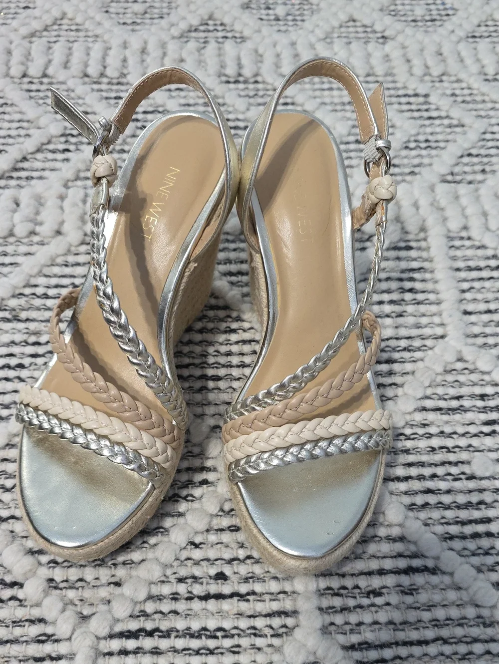 Nine West Metallic Silver and Beige Braided Wedge Sandals